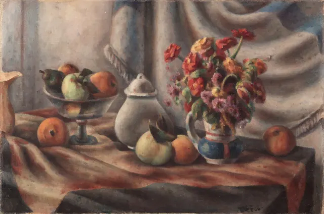 Oil painting of a vase of red and orange flowers beside a fruit bowl, oranges and a white pot on a draped table.