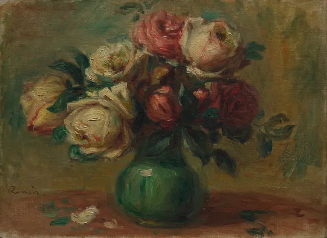 Oil painting of cream, pink and red roses in a round green vase on a reddish table with fallen petals.