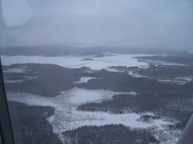 Aerial view of snow-covered frozen lakes and bogs among dark conifer forest under a hazy grey winter sky.