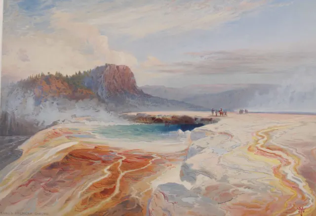 Painted view of a turquoise hot spring and orange mineral terraces, with a red bluff and tiny figures in the distance.
