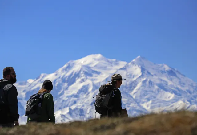 Three silhouetted hikers, one in a ranger hat, stand on a grassy slope facing a large snow-covered mountain under blue sky.